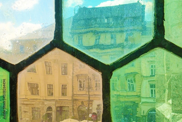 Fototapeta Distorted view through window of Town Hall, Krakow, Poland. Market square