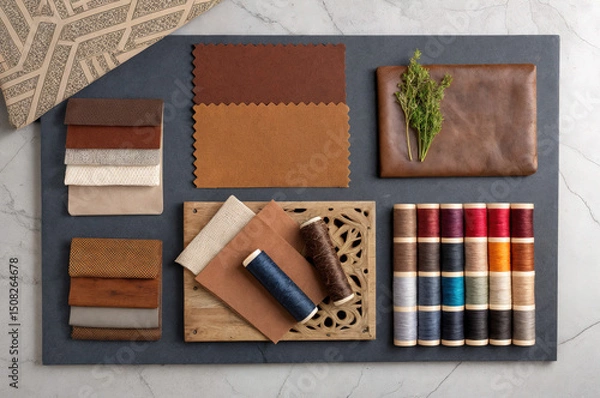 Fototapeta shows a leather color swatch, accompanied by a variety of fabric samples and a collection of thread spools in different colors