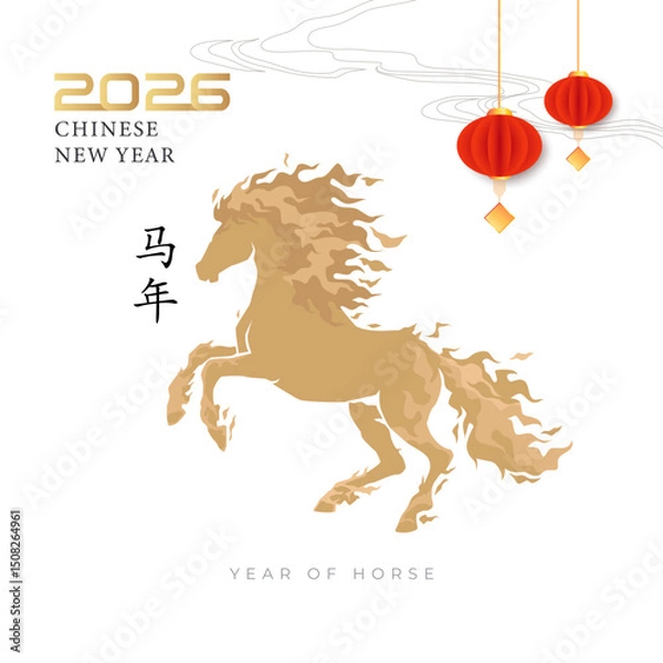 Obraz Chinese New Year 2026 vector illustration with a galloping golden horse, red lanterns, and traditional elements. Year of the Horse celebration design in modern Asian style