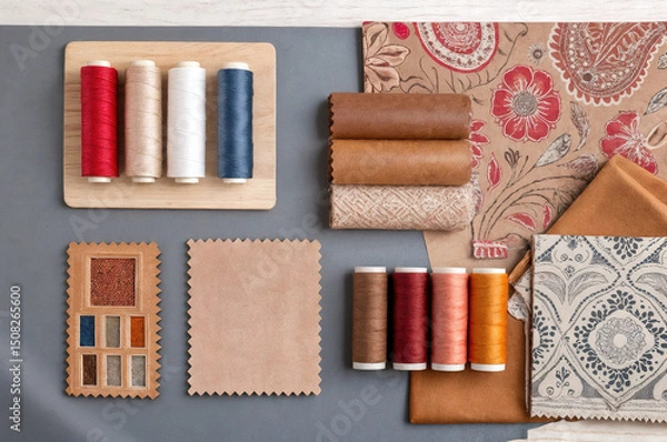 Obraz shows a collection of fabric swatches and thread spools arranged on a gray background. The swatches feature various textures and patterns, including floral designs and solid colors, while the thread s