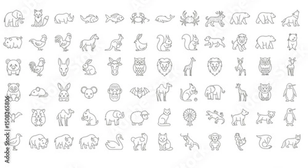 Fototapeta Line art illustration featuring various animals in a grid pattern