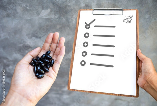 Fototapeta Black soft capsules in girl hand and check list over grey cement wall background, heath & medical concept