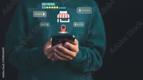 Fototapeta Female customer using a smartphone to check local business reviews and ratings, with location and star feedback icons. Digital marketing, local SEO, and consumer experience in online business reviews.