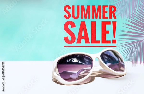 Fototapeta Summer sale banner with sunglasses and coconut leaves on blurred background, summer promotion poster background idea