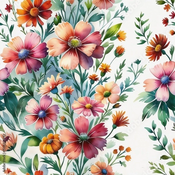 Obraz Seamless floral pattern with colorful blooming flowers and green leaves on a white background