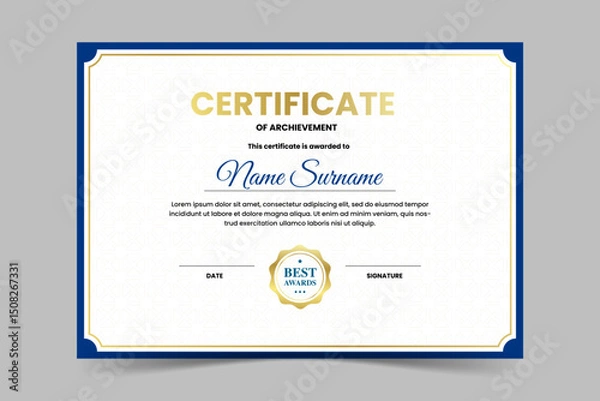 Obraz Modern elegant blue and gold certificate template. Appreciation for business and education. Vector illustration