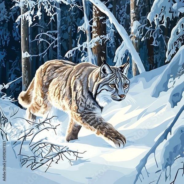 Obraz Lynx prowling through a snowy winter forest.