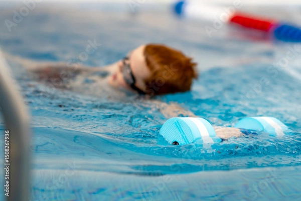 Obraz boy learns to swim. A boy in the pool will follow his coach. The child learns to swim crawl. Selective focus on swimming dumbbell