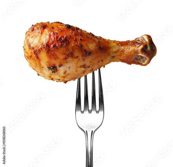 Fototapeta Grilled chicken drumstick on a fork isolated on transparent background. Generative AI