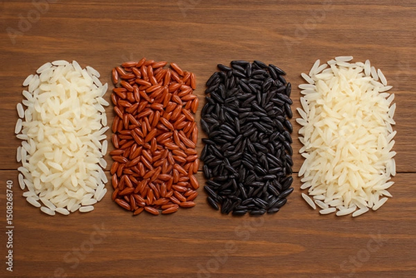 Obraz rice noodles on a wooden background. types of rice such as white rice, red rice, black rice, basmati rice. concept of various types of rice