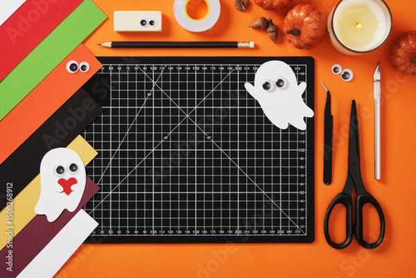 Obraz Paper crafts for halloween ghosts. Finished crafts on a background of diy art supplies. Cutting mat, scissors, cutter, tweezers, pencil, eraser, tape, paper. Space for your text.