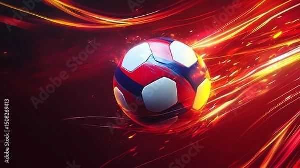 Obraz A soccer ball in motion, highlighted by vibrant streaks of light.