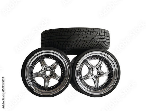 Fototapeta A stack of four tires and one wheel with a silver rim against a white backdrop.