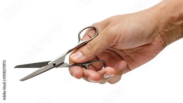 Fototapeta Hand holding small scissors isolated on a white background png ai generated
