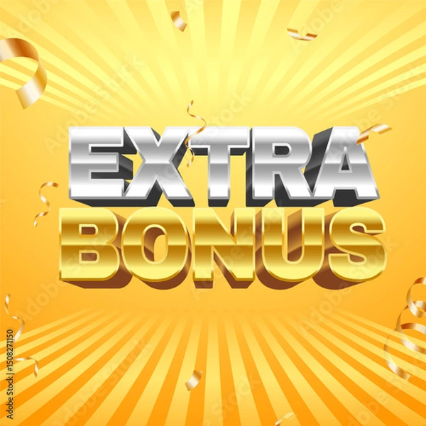 Fototapeta Golden and silver extra bonus 3d text effect on yellow radial background with falling confetti