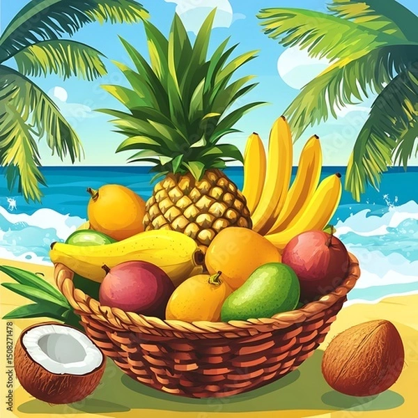 Obraz Colorful fruit basket on a sandy beach.