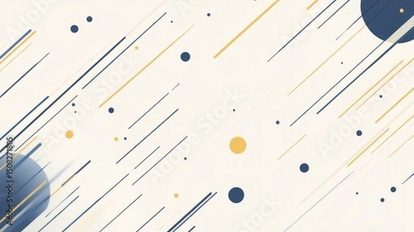 Fototapeta Abstract background with diagonal lines, circles, and dots in blue, yellow, and beige.