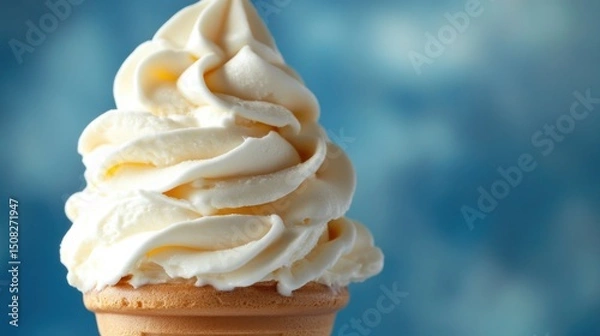 Fototapeta Close-up of a creamy, vanilla soft-serve ice cream cone against a blurred blue background.