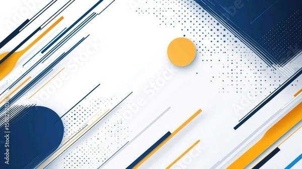 Fototapeta Abstract geometric background with diagonal lines, circles, and halftone dots in blue, orange, and white.