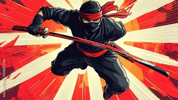 Obraz Dynamic ninja in action with katana.
