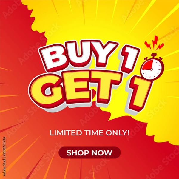 Fototapeta Buy 1 get 1 sale banner template promoting a limited-time offer with a ticking stopwatch