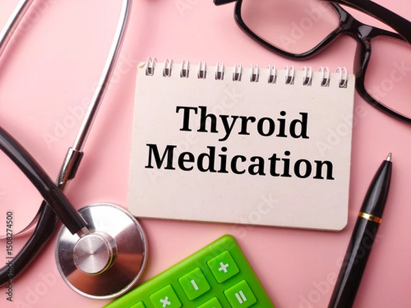 Fototapeta Notebook and doctor's equipment with the word Thyroid Medication on a pink background