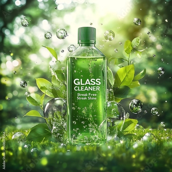 Obraz Transparent glass cleaner bottle with green leaves and bubbles.