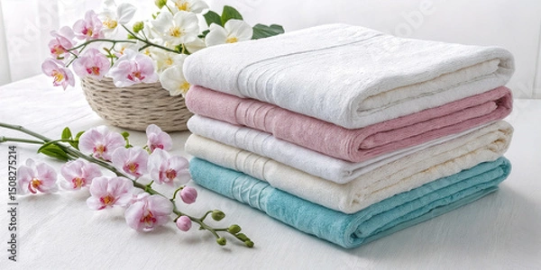 Fototapeta shows a stack of neatly folded towels in various colors, including white, pink, and teal, placed on a white surface. Beside the towels, there is a basket with pink and white flowers. The setting appea