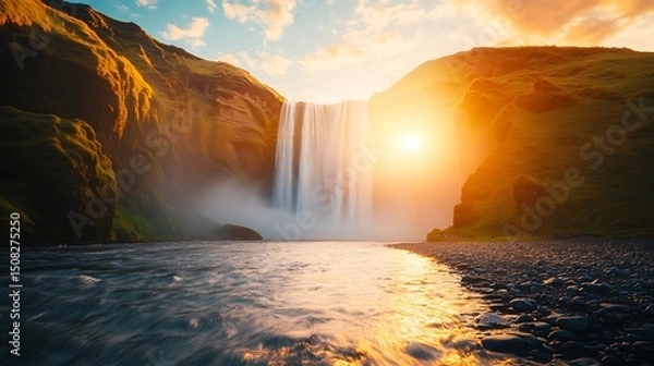 Obraz Scenic waterfall at sunset with golden light illuminating the cascading water.