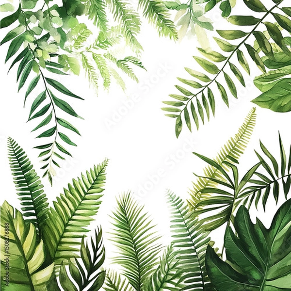 Fototapeta Watercolor tropical leaves background with ferns foliage and botanical elements frame design on transparent background