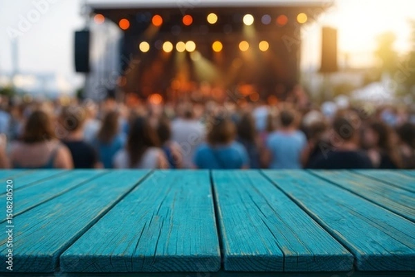 Obraz Rustic Teal Wooden Tabletop Summer Concert Crowd Background Festival Event Outdoor Stage Music Performance Bright Lights Happy Atmosphere Enjoyable Summertime Celebration Vibrant Energy Live Music    