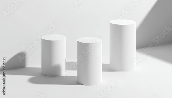 Fototapeta Three white cylinders on a white background, casting shadows