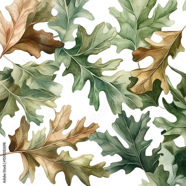 Fototapeta Watercolor oak leaves pattern autumn fall season background design for fabric and textile prints art on transparent background