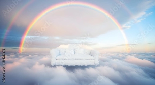 Obraz Cozy couch floating among clouds under a vibrant double rainbow during a serene sunset