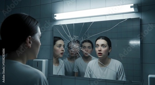 Obraz Reflections of fear in a cracked mirror during an unsettling moment