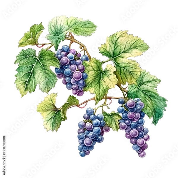 Fototapeta Watercolor grape illustration with leaves and vine for food and drink related designs and art projects on transparent background