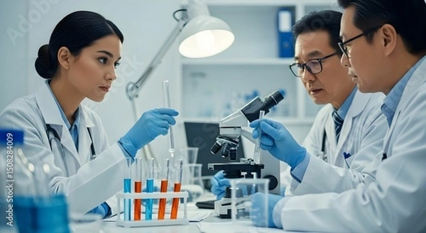 Obraz Group of scientists collaborating in laboratory while conducting research with a microscope and test tubes