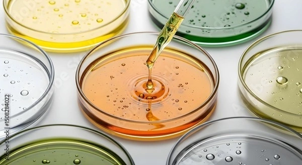 Obraz Colorful liquids in petri dishes being tested with a dropper at a laboratory