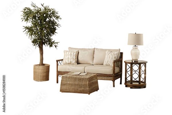 Fototapeta Rattan sofa set with plant and lamp isolated on a white background png ai generated
