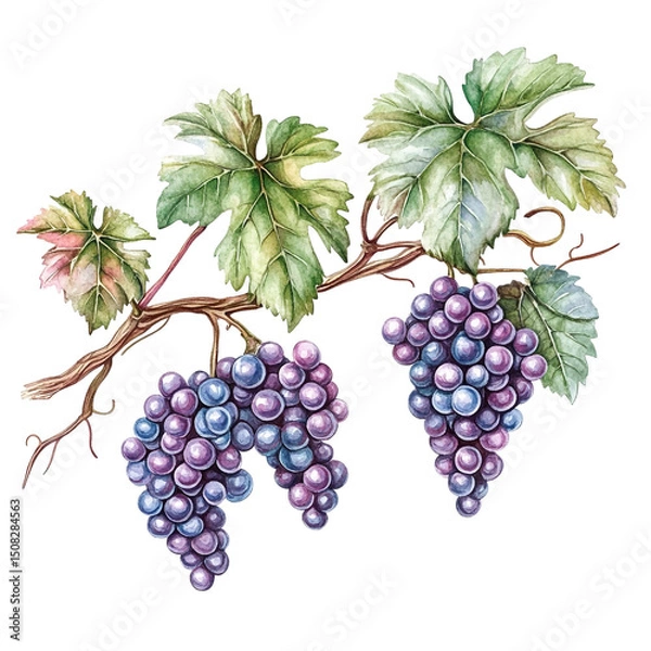 Fototapeta Watercolor grape illustration with leaves and vine for graphic design and decoration element art 100 on transparent background