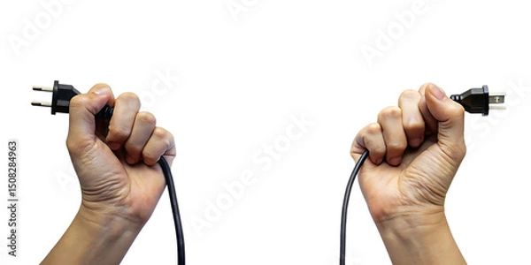 Fototapeta Two hands holding electrical plugs isolated on a white background