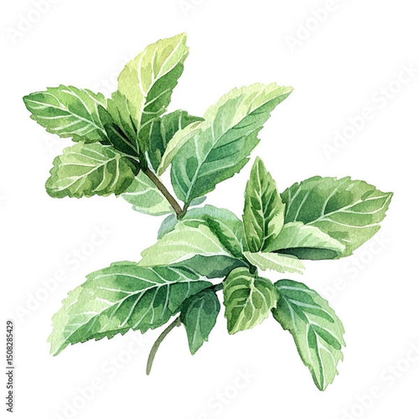 Fototapeta Watercolor painting of fresh mint leaves illustration for culinary and herbal designs and backgrounds on transparent background