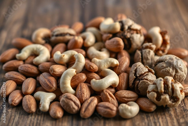 Fototapeta A healthy handful of mixed nuts laid out naturally on a wooden board