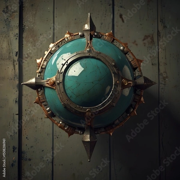 Fototapeta Close up of a ship's porthole with a round window, the mirror that paints the future, abstract technology background, design of elements in the alphabet, old metal door with a round frame and 3d.