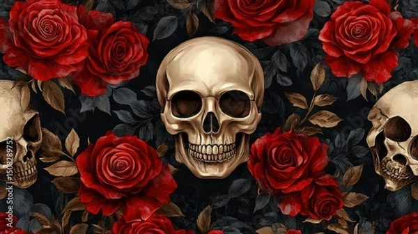 Obraz Seamless Gothic Pattern Skulls and Red Roses