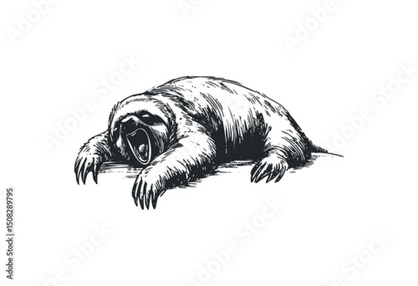 Obraz Yawning sloth illustration with detailed fur and claws. Vector retro hand drawn illustration