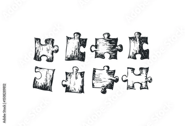 Obraz Vintage style jigsaw puzzle pieces illustration on white. Vector retro hand drawn illustration