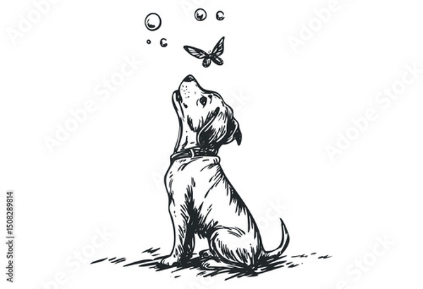 Obraz Sketch of a curious dog observing bubbles and butterfly. Vector retro hand drawn illustration