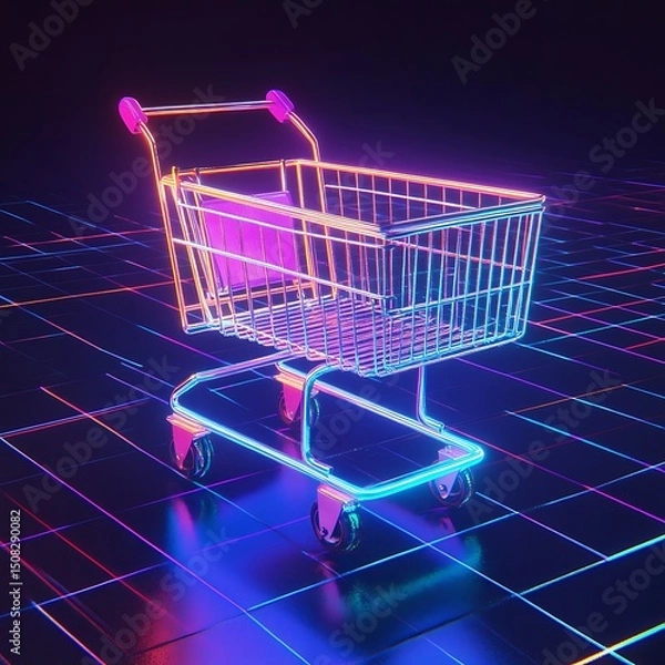 Obraz Neon shopping cart on a gridded floor.