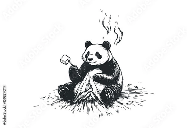 Obraz Panda toasts marshmallow over campfire in adorable sketch illustration. Vector retro hand drawn illustration
